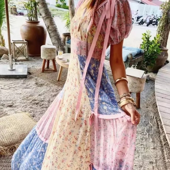 Floral Chiffon Multi-Color Square Neck Puff Sleeve Maxi Dress - Picture 15 of 16